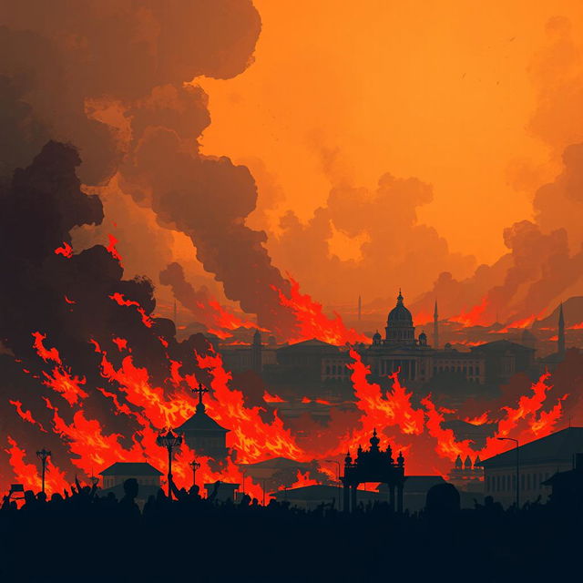 A dramatic and fiery illustration of the 'Bandung Lautan Api' (Bandung Ocean of Fire) event, depicting an intense scene of vast flames engulfing the landscape with orange and red fire blazing across the cityscape of Bandung