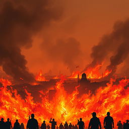A dramatic and fiery illustration of the 'Bandung Lautan Api' (Bandung Ocean of Fire) event, depicting an intense scene of vast flames engulfing the landscape with orange and red fire blazing across the cityscape of Bandung