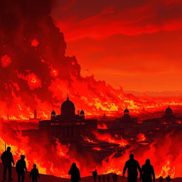 A dramatic and fiery illustration of the 'Bandung Lautan Api' (Bandung Ocean of Fire) event, depicting an intense scene of vast flames engulfing the landscape with orange and red fire blazing across the cityscape of Bandung