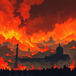 A dramatic and fiery illustration of the 'Bandung Lautan Api' (Bandung Ocean of Fire) event, depicting an intense scene of vast flames engulfing the landscape with orange and red fire blazing across the cityscape of Bandung