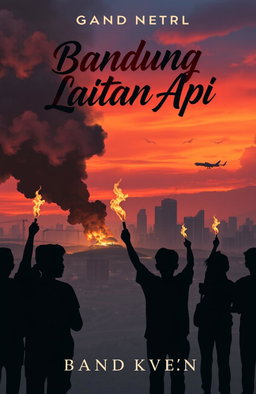 A captivating novel cover design for 'Bandung Lautan Api', showcasing a dramatic scene from the historical fire incident in Bandung