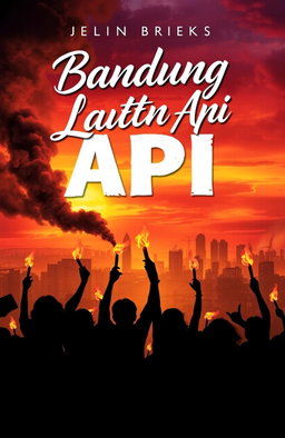 A captivating novel cover design for 'Bandung Lautan Api', showcasing a dramatic scene from the historical fire incident in Bandung