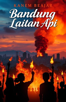 A captivating novel cover design for 'Bandung Lautan Api', showcasing a dramatic scene from the historical fire incident in Bandung