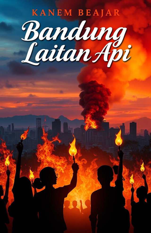 A captivating novel cover design for 'Bandung Lautan Api', showcasing a dramatic scene from the historical fire incident in Bandung