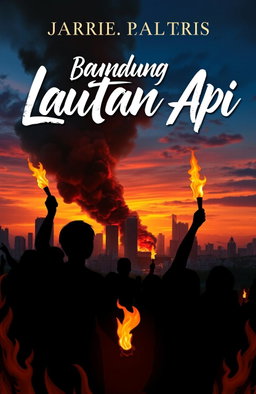 A captivating novel cover design for 'Bandung Lautan Api', showcasing a dramatic scene from the historical fire incident in Bandung