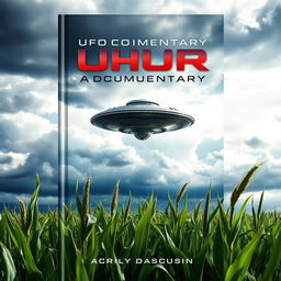 A striking book cover design featuring a UFO hovering above a cornfield under a dramatic sky