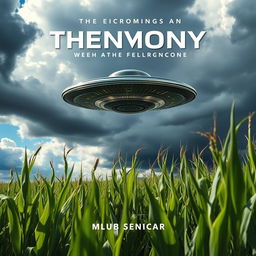 A striking book cover design featuring a UFO hovering above a cornfield under a dramatic sky