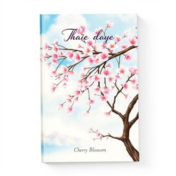 A beautiful book cover design featuring a cherry blossom tree in full bloom, created in a delicate watercolor painting style