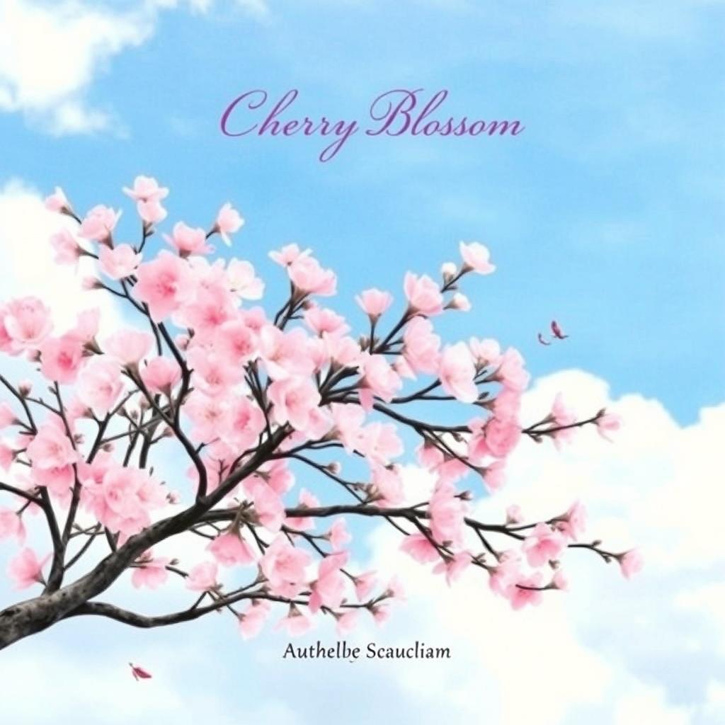 A beautiful book cover design featuring a cherry blossom tree in full bloom, created in a delicate watercolor painting style