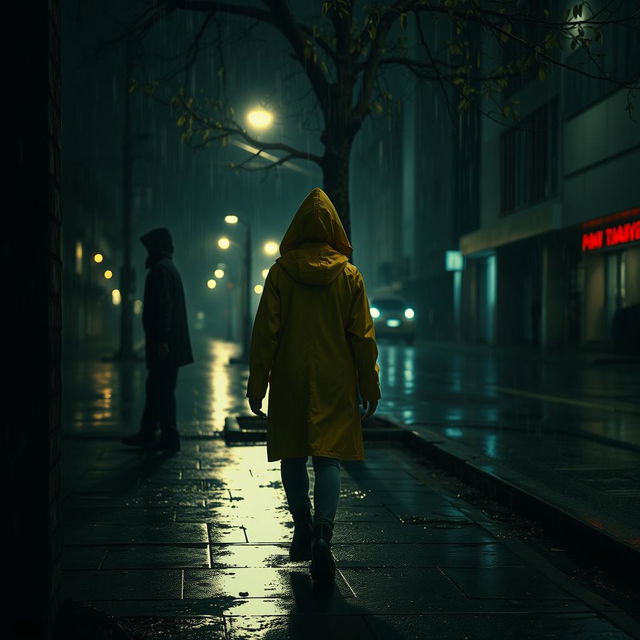 A dark and chilling scene depicting an obsessive stalker in a dimly lit urban environment