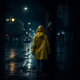 A dark and chilling scene depicting an obsessive stalker in a dimly lit urban environment