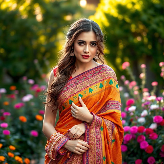 A stunning portrayal of Ana de Armas wearing a vibrant Indian saree, adorned with intricate patterns and rich colors