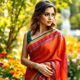 A stunning portrayal of Ana de Armas wearing a vibrant Indian saree, adorned with intricate patterns and rich colors