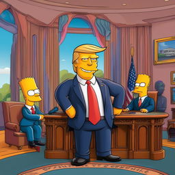 Donald Trump caricatured as a Simpsons character in his signature suit and tie, set in a cartoonish Oval Office with a view of Springfield