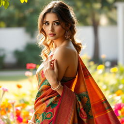 A stunning portrayal of Ana de Armas wearing a vibrant Indian saree, adorned with intricate patterns and rich colors