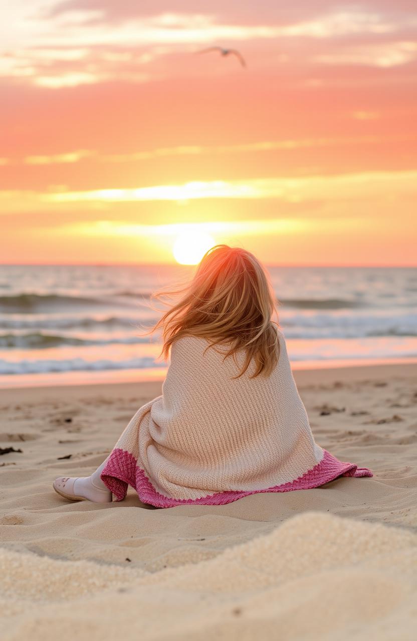 A beautiful blonde girl sitting on the sand with a cozy blanket wrapped around her, gazing at a picturesque sunrise