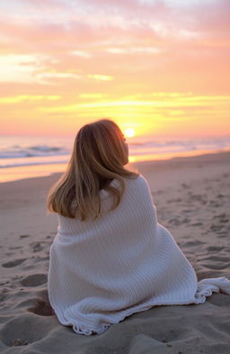 A beautiful blonde girl sitting on the sand with a cozy blanket wrapped around her, gazing at a picturesque sunrise
