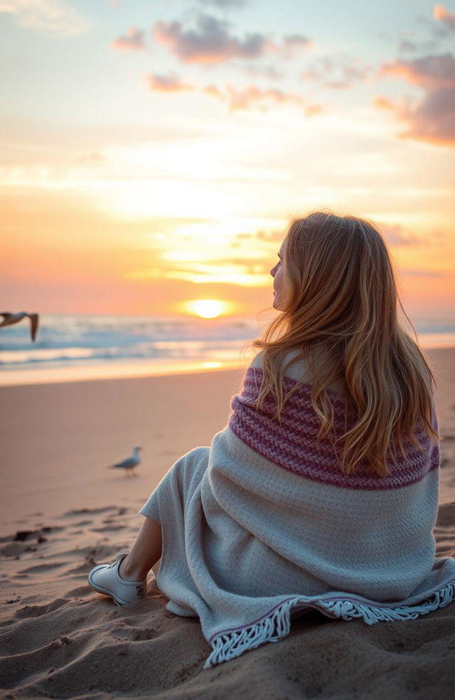 A beautiful blonde girl sitting on the sand with a cozy blanket wrapped around her, gazing at a picturesque sunrise