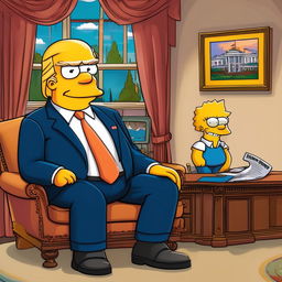 Donald Trump caricatured as a Simpsons character in his signature suit and tie, set in a cartoonish Oval Office with a view of Springfield