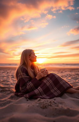 A beautiful blonde girl sitting comfortably in the sand on a beach at sunrise, wrapped in a cozy blanket