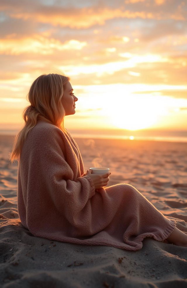 A beautiful blonde girl sitting comfortably in the sand on a beach at sunrise, wrapped in a cozy blanket