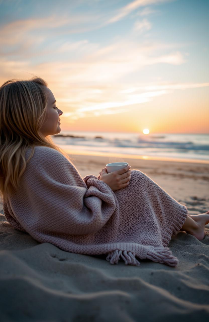 A beautiful blonde girl sitting comfortably in the sand on a beach at sunrise, wrapped in a cozy blanket