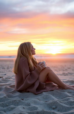 A beautiful blonde girl sitting comfortably in the sand on a beach at sunrise, wrapped in a cozy blanket