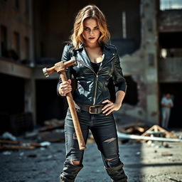 A dramatic and powerful portrait of a female actress holding a sledgehammer, exuding strength and confidence