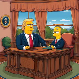 Donald Trump caricatured as a Simpsons character in his signature suit and tie, set in a cartoonish Oval Office with a view of Springfield