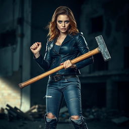 A dramatic and powerful portrait of a female actress holding a sledgehammer, exuding strength and confidence