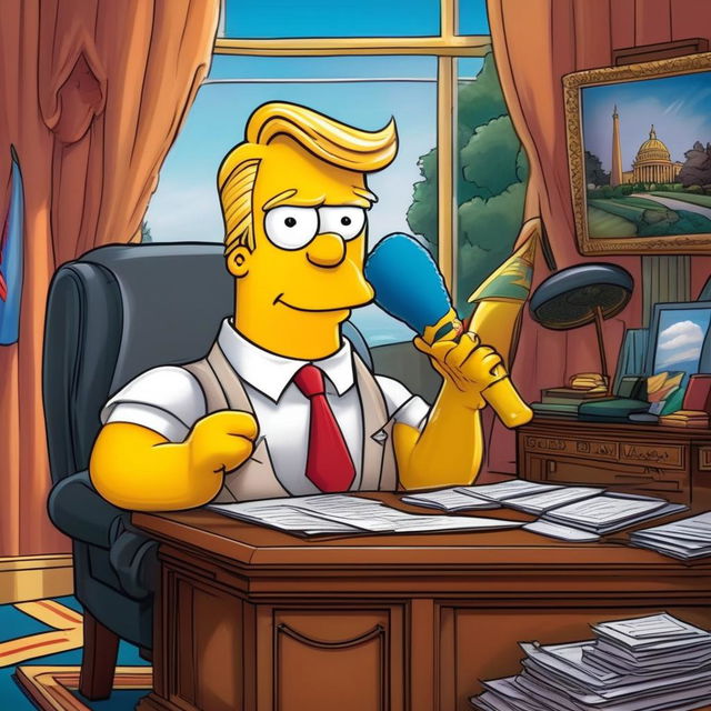 Donald Trump caricatured as a Simpsons character in his signature suit and tie, set in a cartoonish Oval Office with a view of Springfield