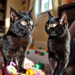 Two funny black cats looking at each other with surprise, their wide eyes and playful expressions capturing the moment