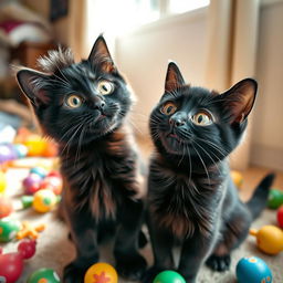 Two funny black cats looking at each other with surprise, their wide eyes and playful expressions capturing the moment