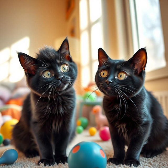 Two funny black cats looking at each other with surprise, their wide eyes and playful expressions capturing the moment