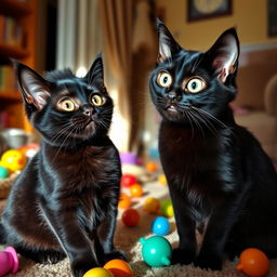 Two funny black cats looking at each other with surprise, their wide eyes and playful expressions capturing the moment