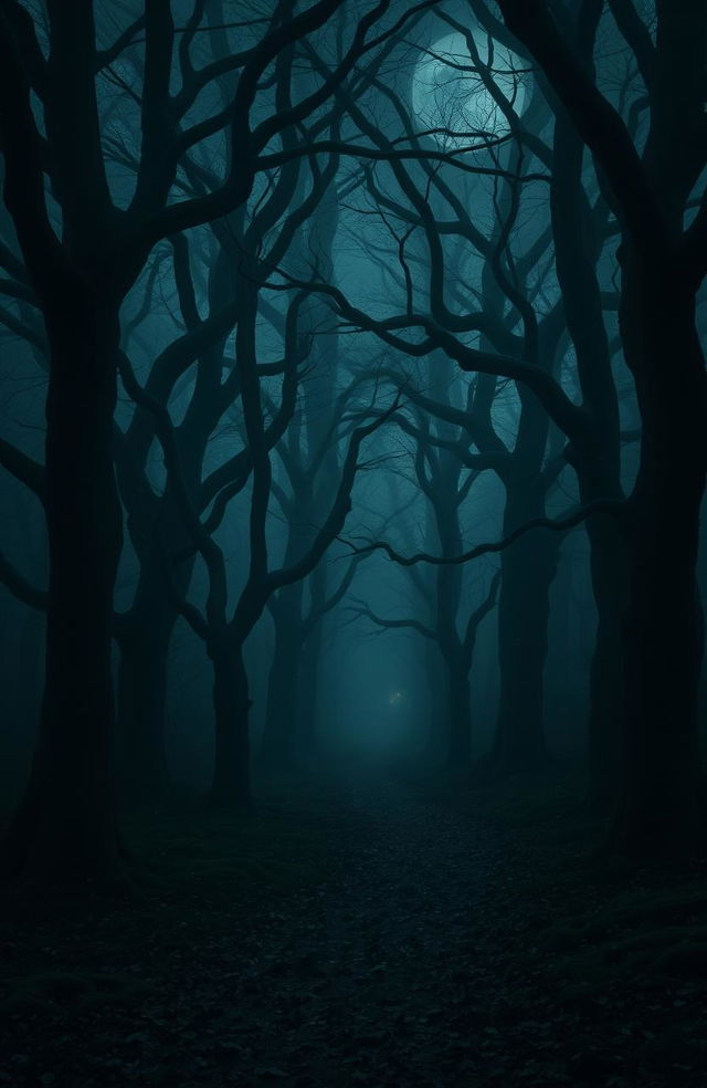 A moody atmospheric scene depicting an ancient forest shrouded in mystery