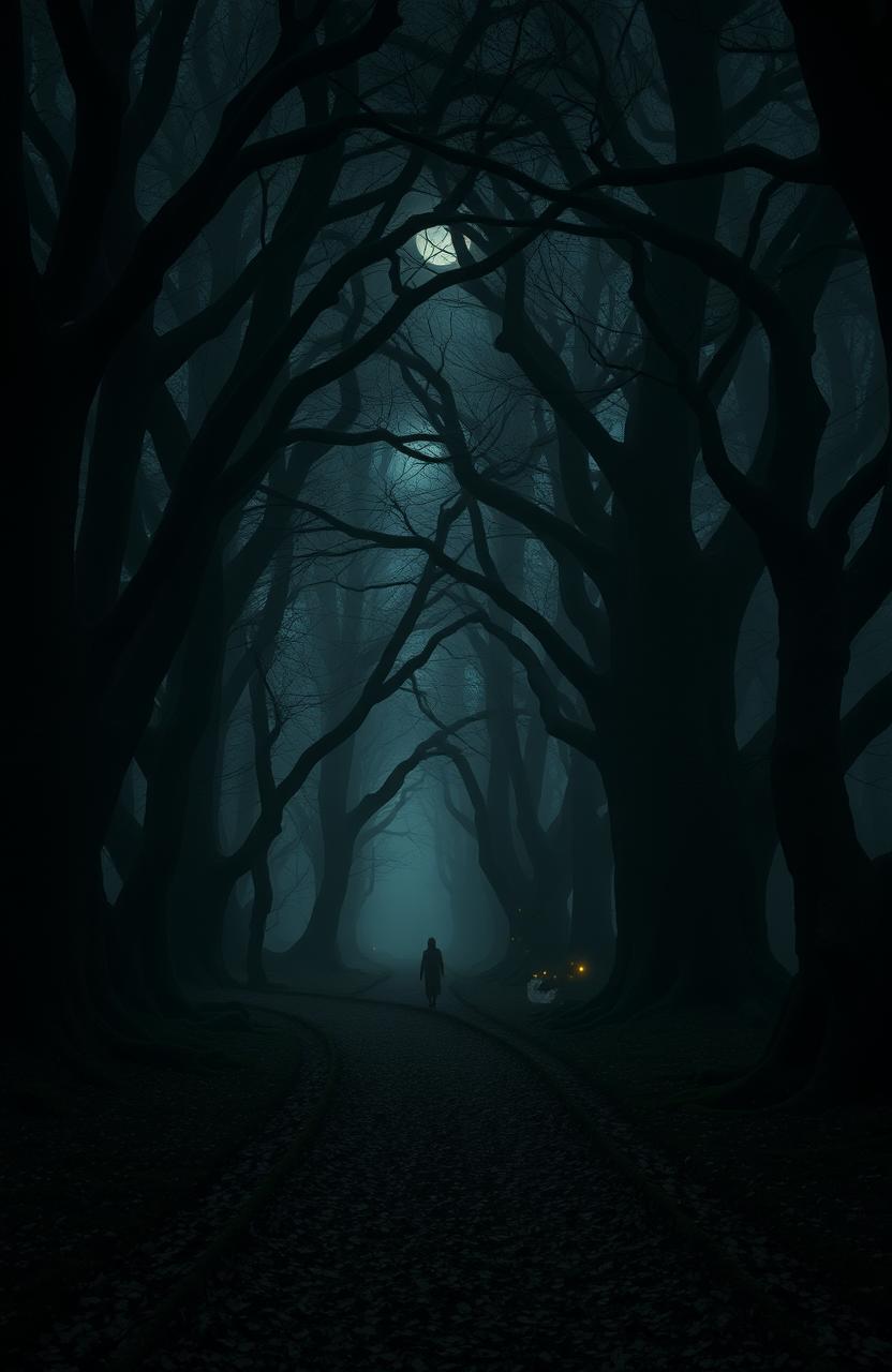 A moody atmospheric scene depicting an ancient forest shrouded in mystery