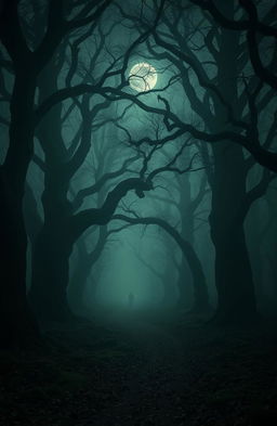 A moody atmospheric scene depicting an ancient forest shrouded in mystery