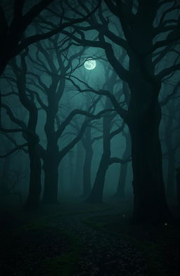 A moody atmospheric scene depicting an ancient forest shrouded in mystery