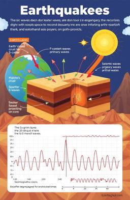 An educational illustration depicting the physics behind earthquakes and seismic waves
