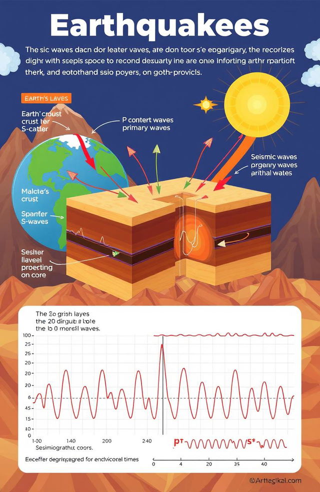 An educational illustration depicting the physics behind earthquakes and seismic waves