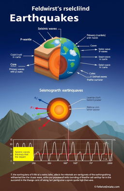 An educational illustration depicting the physics behind earthquakes and seismic waves