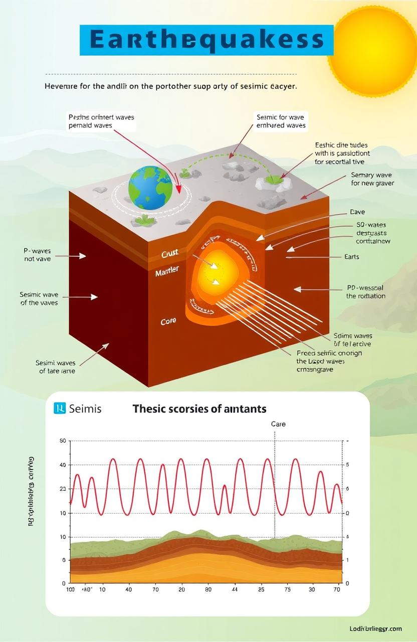 An educational illustration depicting the physics behind earthquakes and seismic waves