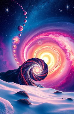 A mesmerizing cosmic landscape featuring a swirling galaxy with vibrant colors and bright stars