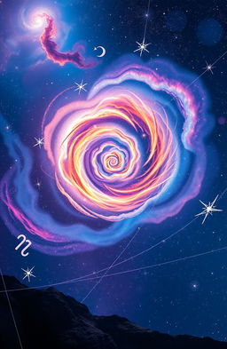 A mesmerizing cosmic landscape featuring a swirling galaxy with vibrant colors and bright stars