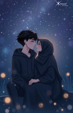 A dark romantic scene featuring two Muslim teenagers, a boy and a girl, sitting close together under a starlit sky