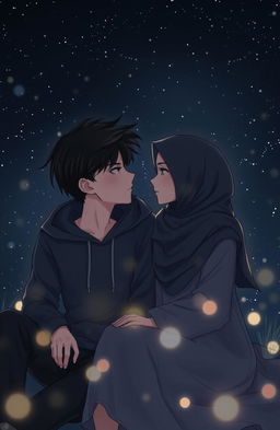 A dark romantic scene featuring two Muslim teenagers, a boy and a girl, sitting close together under a starlit sky