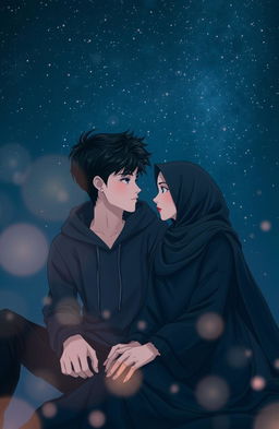 A dark romantic scene featuring two Muslim teenagers, a boy and a girl, sitting close together under a starlit sky