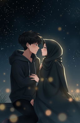 A dark romantic scene featuring two Muslim teenagers, a boy and a girl, sitting close together under a starlit sky