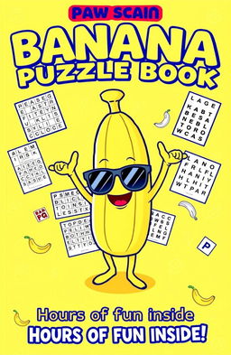 A vibrant and fun front cover for a banana-themed puzzle book featuring a cheerful cartoon banana mascot wearing sunglasses, smiling and standing triumphantly in the center